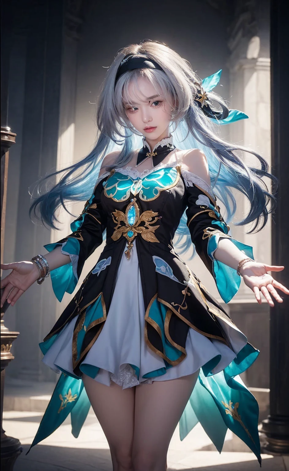 (masterpiece), (best quality), (ultra detailed),(disheed hair),(illustration), (1girl), (Fashionable clothing), standing, Fashion model, looking at viewer, (interview), (simple background), beautiful and delicate eyes, delicate beauty, floating, (high saturation), (colorful splash), colorful bubbles, (shine), focus on face, slender five fingers, slender fingers, white teeth, neat teeth, tiger teeth, ponytail, Ayaka Kamisato, light blue hair, bangs, hair ring, floating flowers, flowing hair, (shiny), best lighting, best shadow,