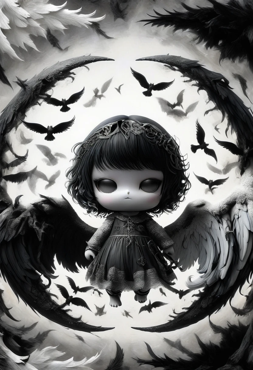 A painting of dark fallen angel Lucifer surrounded by dark wings, black and white Möbius strip, spinning and tumbling white wings and dark angels, deathcore style, layered image with subtle irony, Himalayan art