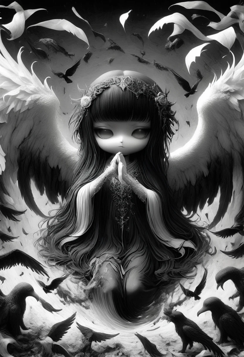 A painting of dark fallen angel Lucifer surrounded by dark wings, black and white Möbius strip, spinning and tumbling white wings and dark angels, deathcore style, layered image with subtle irony, Himalayan art