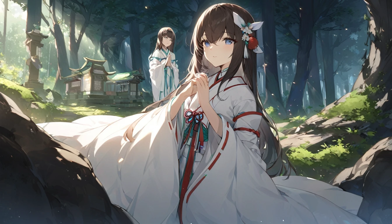 Deep in a mysterious cave lies a divinely beautiful shrine. A young Japanese shrine maiden, a young maiden girl, prays for peace. From her I sense divinity and majesty.