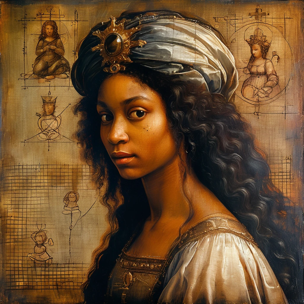 black woman as queen painting a picture, with regal attire, in the 17th century, an oil painting, inspired by leonardo da vinci, representing the ancient arts, with hermetic symbols, astrologia