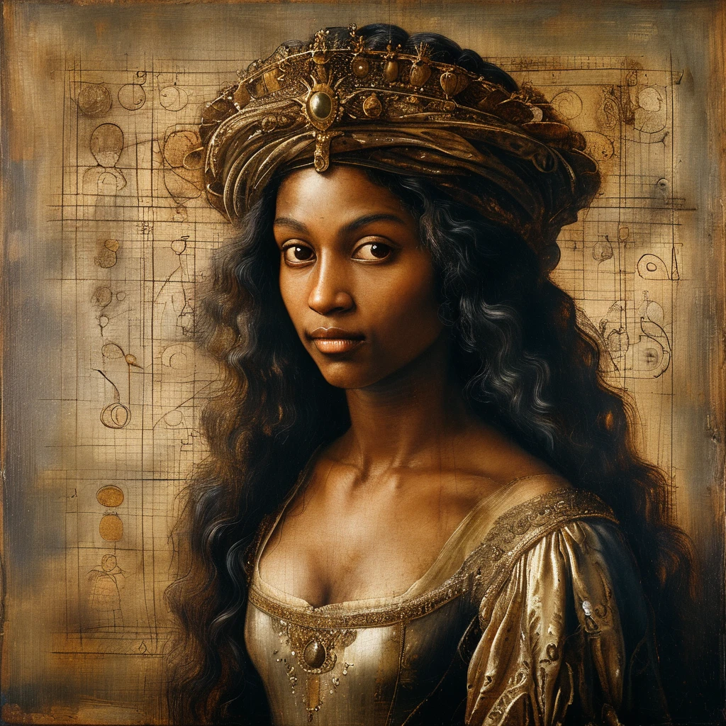 black woman as queen painting a picture, with regal attire, in the 17th century, an oil painting, inspired by leonardo da vinci, representing the ancient arts, with hermetic symbols, astrologia