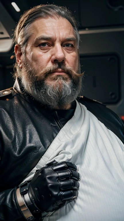 He observes his own bionic hand, The space general aged 65 has long gray beard and long beard, wears a futuristic uniform, he is fat bearded, long sleeve uniform , wearing leather gloves on your hands, he has his arms crossed seriously, speaking to the viewer, He wears a white general&#39;s hat on his head.