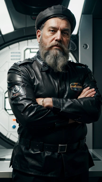 He observes his own bionic hand, The space general aged 65 has long gray beard and long beard, wears a futuristic uniform, he is fat bearded, long sleeve uniform , wearing leather gloves on your hands, he has his arms crossed seriously, speaking to the viewer, He wears a white general&#39;s hat on his head.