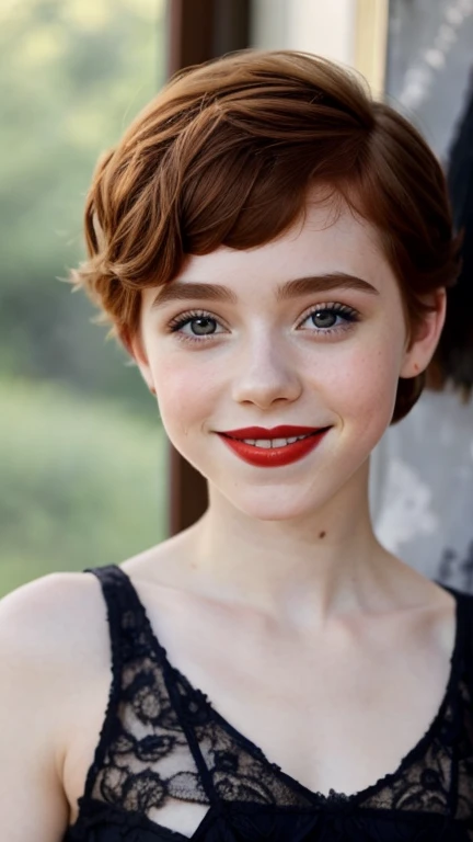 Sophia Lillis wearing gold chains with red lipstick and naked with a smile