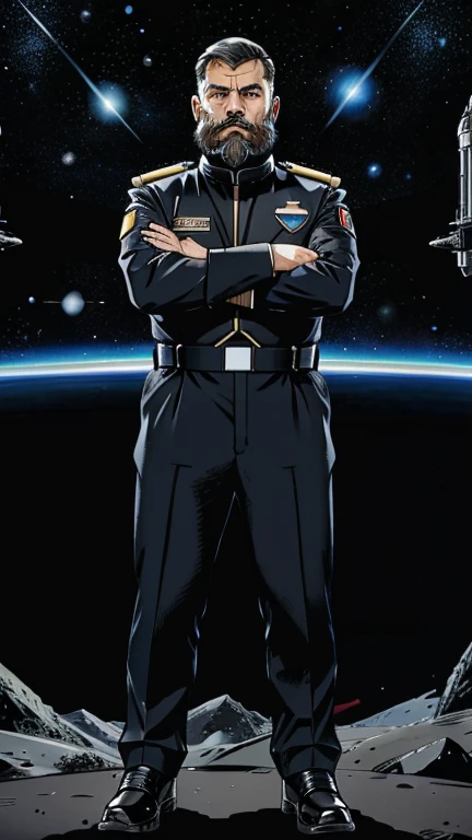 The space general wears a futuristic uniform, he is fat bearded, long sleeve uniform , he has his arms crossed seriously, speaking to the viewer, He wears a white general&#39;s hat on his head.