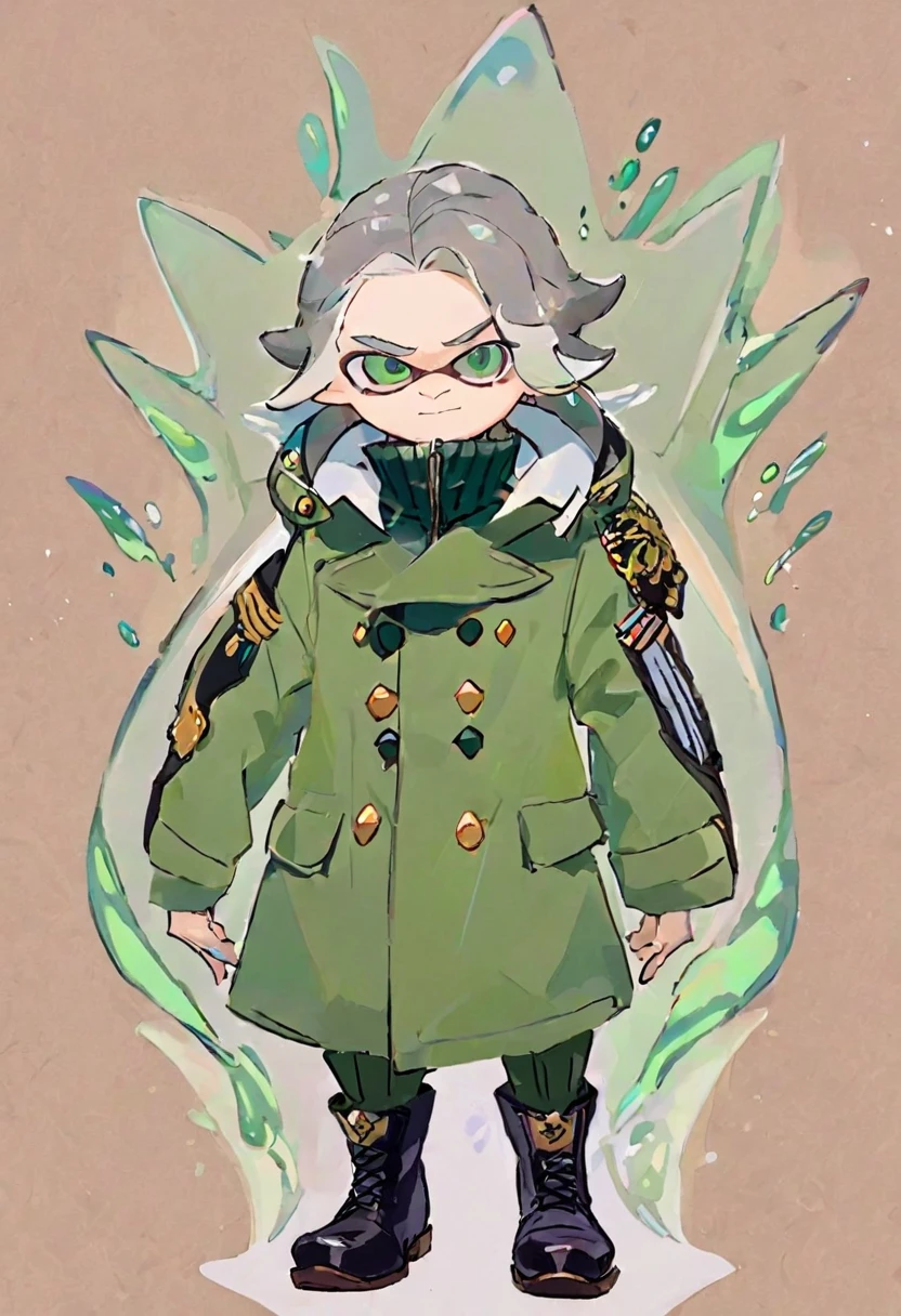 Splatoon, tall male shark idol with pointy grey hair and green eyes, wearing a green military coat, brown pants, and black boots