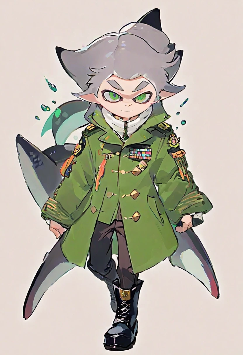 Splatoon, tall male shark idol with pointy grey hair and green eyes, wearing a green military coat, brown pants, and black boots