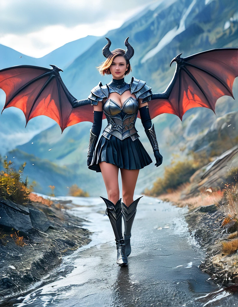 score_9, score_8_up, score_7_up, A beautiful woman, sexy fantasy short skirt armor, running in darkness mountain, watercolor illustration, masterpiece, darkness outdoor background, Elementalist, a_pair_Bat_Wings and devil_horns, Shoulder_length_short_hair, full-body_portrait, 