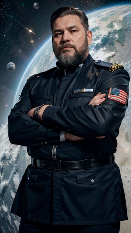 The space general wears a futuristic uniform, he is fat bearded, long sleeve uniform , he has his arms crossed seriously, speaking to the viewer, He wears a white general&#39;s hat on his head.