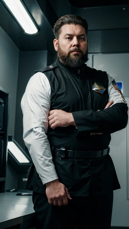 The space general wears a futuristic uniform, he is fat bearded, long sleeve uniform , he has his arms crossed seriously, speaking to the viewer, He wears a white general&#39;s hat on his head.