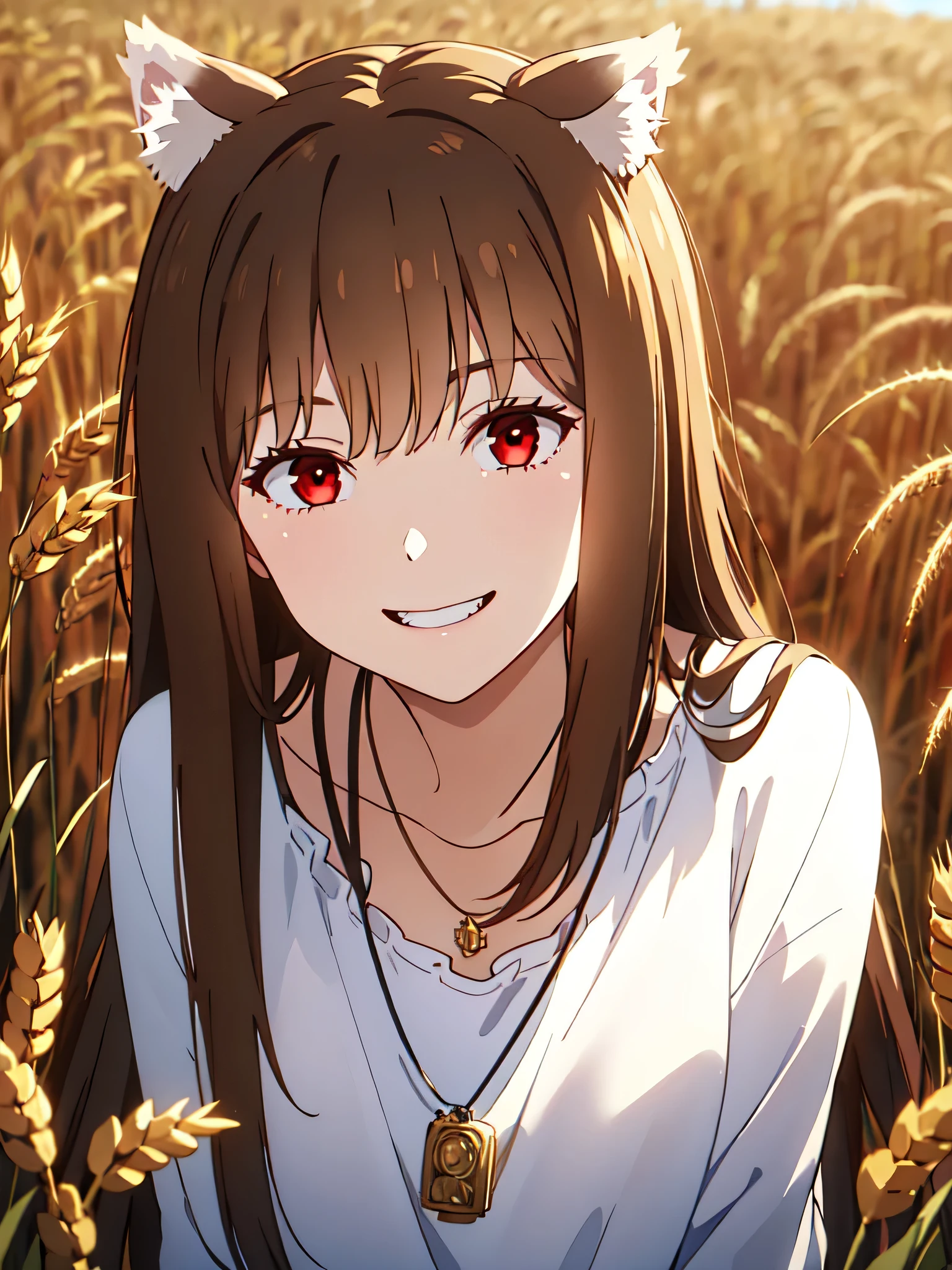 1girl, solo, masterpiece, best quality, illustration, absurdres, cute, film_grain, extremely detailed face, perfect lighting, smile, full_body, long hair, brown hair, animal ears, red eyes, wolf tail, necklace, outdoors, plains, wheat,