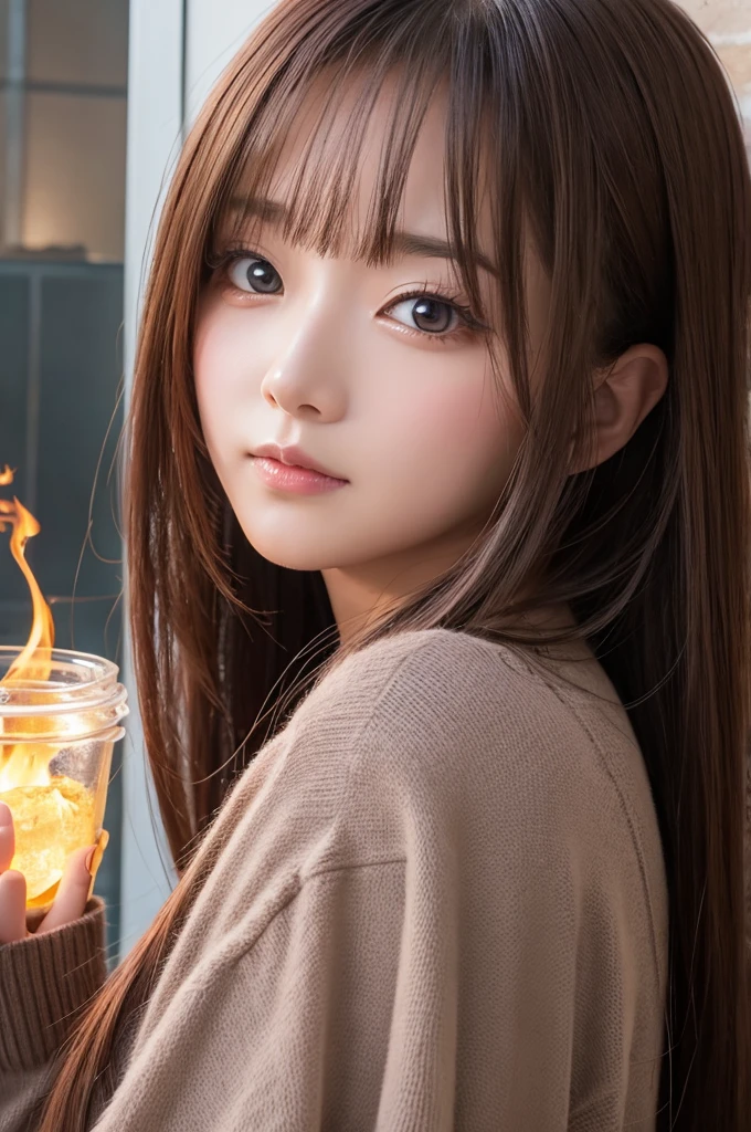(RAW Photos:1.2), (Photorealsitic:1.4),(intricate detailes:1.2),(masterpiece:1.3),(top-quality:1.4), (超A high resolution:1.2), Cinema Lights, 超A high resolution,(A detailed eye),(detailed facial features),(detailed clothes features), Sweaters, HDR, 8K resolution, Look at the viewer, Skin Tight, (shinny skin),(Slender Girl), dream-like, candles, Candlelight, white blossoms,Constriction, (Super detailed illustration), Bedrooms, straight haired, Long, A dark-haired, black eyes, 1 female, cute little, innocence, (a smile), (innocent smiles), Skinny, inside in room,kawaii pose