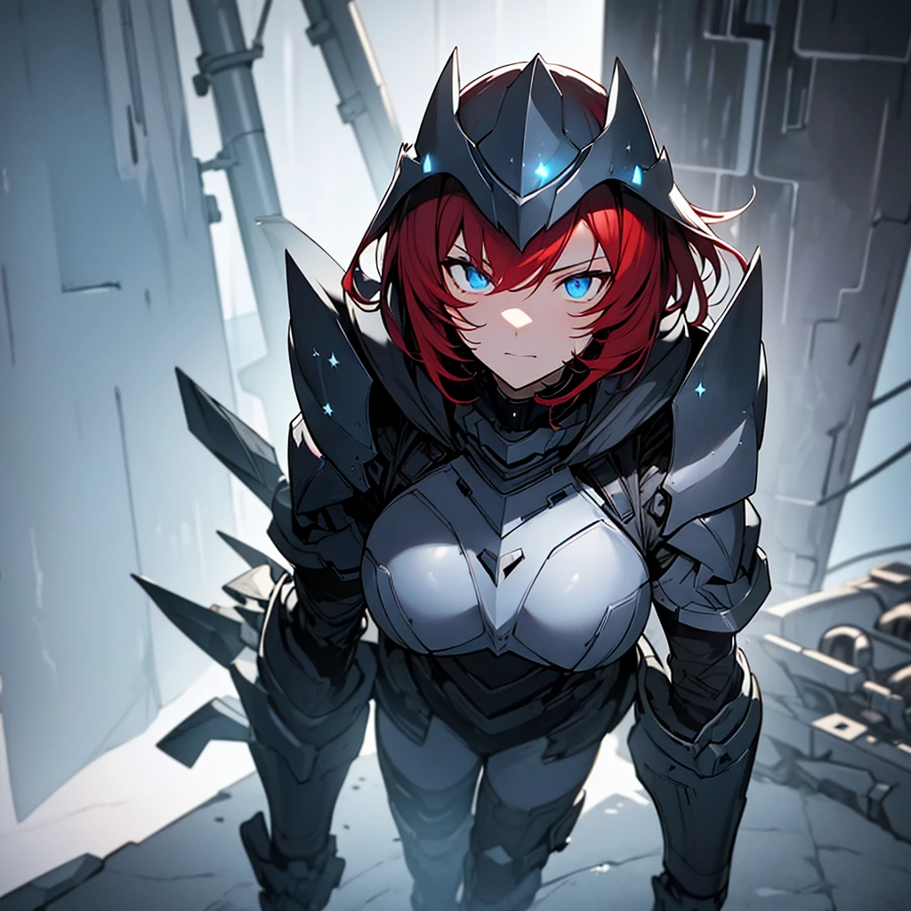 Girl1, solo, Phantoma, hells 2008, hells angels, anime_style, helmet, blue cape, black bodysuit, black gloves, red eyes, blue breasts, grey skin, red hair, spike shoulders pads 
