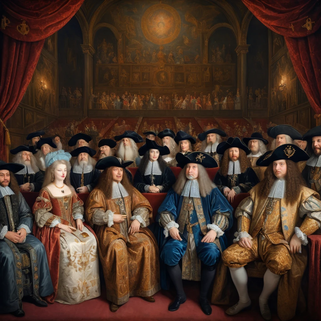 nobles, aristocrats (de varias ethical) watching a show at the theater, with luxurious clothes,  in the 17th century, an oil painting, inspired by leonardo da vinci, representing the ancient arts, with hermetic symbols, astrologia