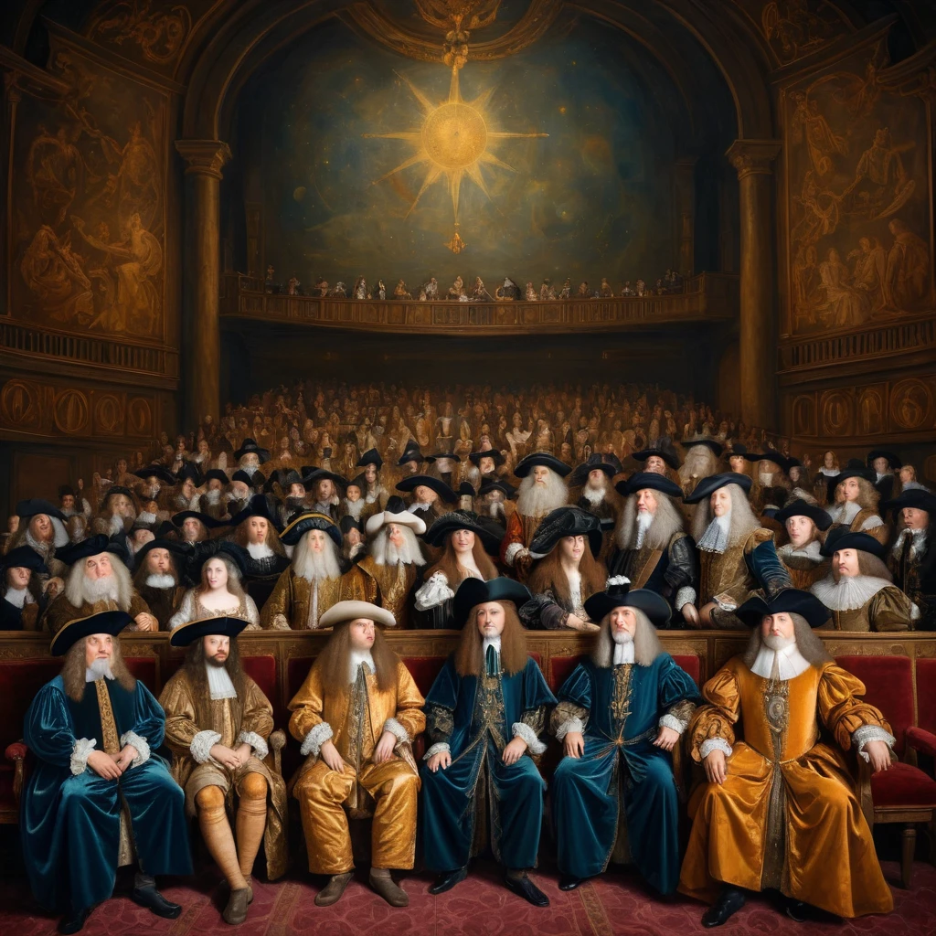 nobles, aristocrats (de varias ethical) watching a show at the theater, with luxurious clothes,  in the 17th century, an oil painting, inspired by leonardo da vinci, representing the ancient arts, with hermetic symbols, astrologia