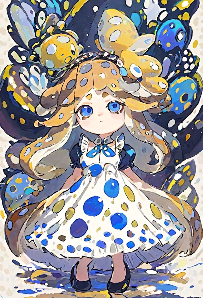 Splatoon idol, sea slug bunny girl with white and brown hair and blue eyes, wearing a white dress with brown polka dots