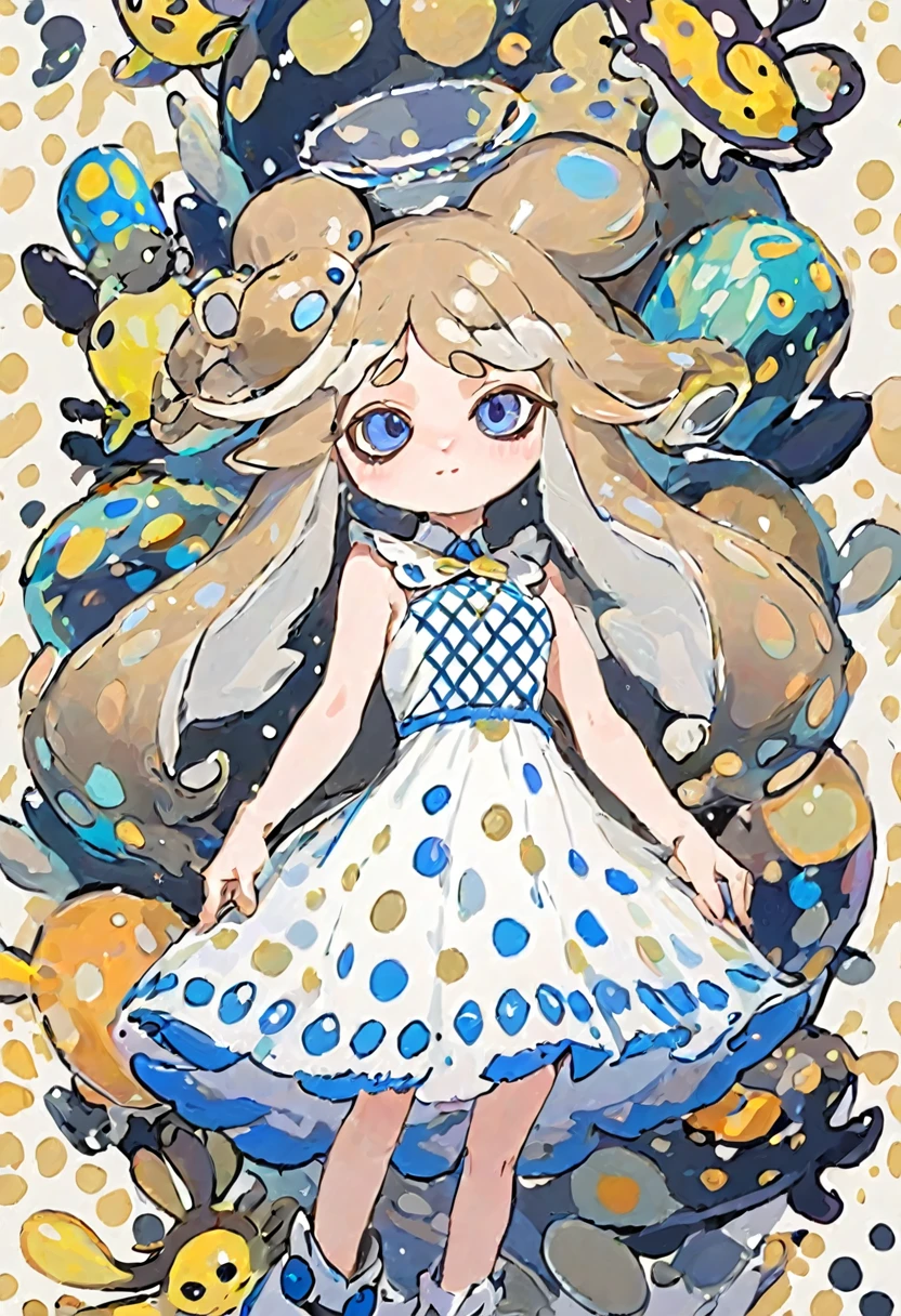 Splatoon idol, sea slug bunny girl with white and brown hair and blue eyes, wearing a white dress with brown polka dots