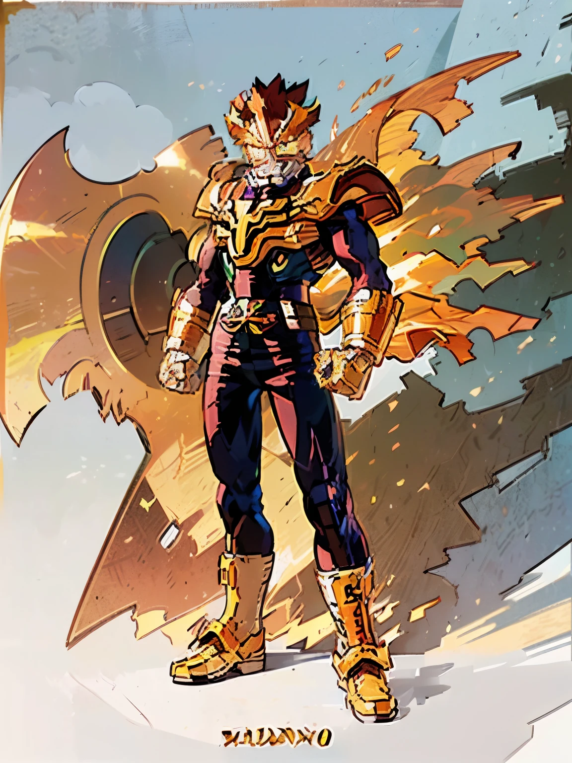 (((My Hero Academia Style))), ((Endeavor)), (Golden Armor), (Flaming Armor), ((Bull Armor)), ((Golden Bull)), ((Golden Plate Armor) ), ((Plate armor)), (((Perfect Anatomy))), (((Perfect Hands))), (((Super detailed))), (((full body photo:1.5))), 