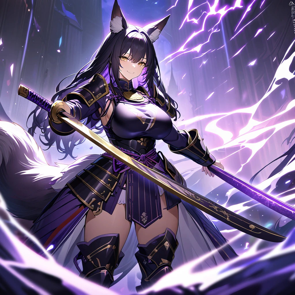 A woman wearing dark purple heavy samurai armor with gold details, samurai plate breastplate, samurai bracelet, medieval boots, holding a purple katana with purple lightning, dark purple hair, long hair, kitsune ears, kitsune tail, multi color, large breasts , yellow eyes, smiling, a great samurai ,UHD , prime work , accurate , anatomically correct , textured skin , super details , high quality , best quality, 8k, high resolution, bokeh effect. (woman alone)
