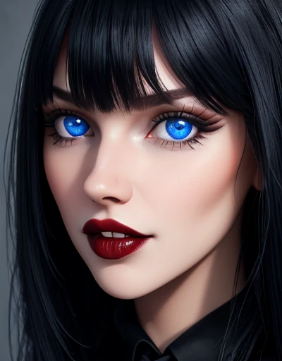 Masterpiece, Best Quality, girl , bite,  impresionantes teeth fangs,  perfect detailed 12k, perfect asymmetrical and detailed face, blue eyes white skin ,gothic makeup, long black hair with bangs, full HD imagen 1.2 portrait body nswf pussy creampie 