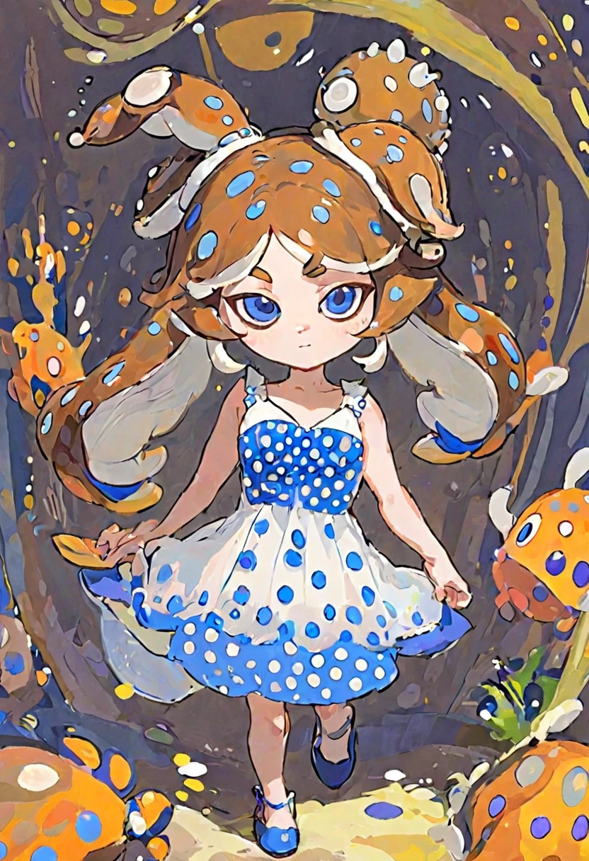 Splatoon idol, sea slug bunny girl with brown spotted hair and blue eyes, wearing a white dress with brown polka dots