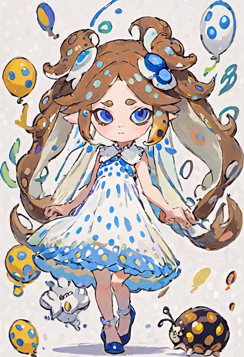 Splatoon idol, sea slug bunny girl with brown spotted hair and blue eyes, wearing a white dress with brown polka dots