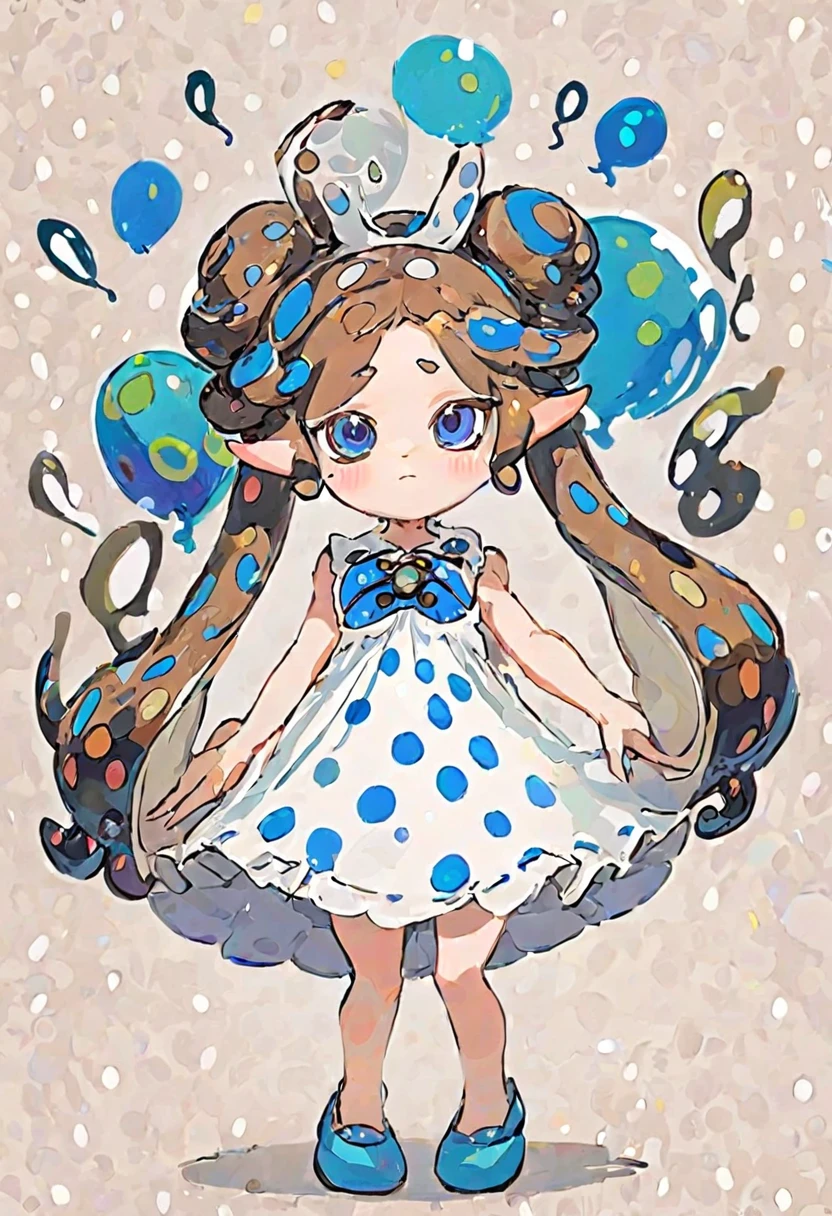 Splatoon idol, sea slug bunny girl with brown spotted hair and blue eyes, wearing a white dress with brown polka dots