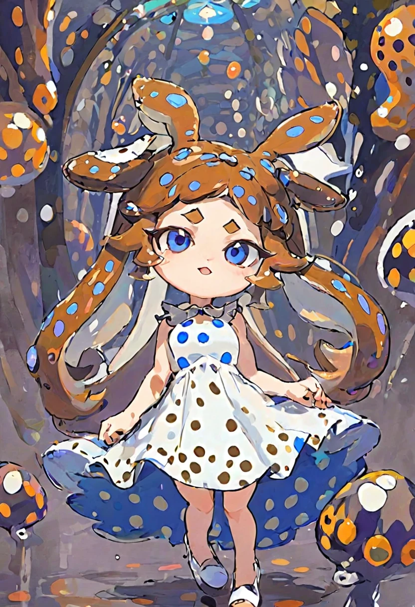 Splatoon idol, sea slug bunny girl with brown spotted hair and blue eyes, wearing a white dress with brown polka dots