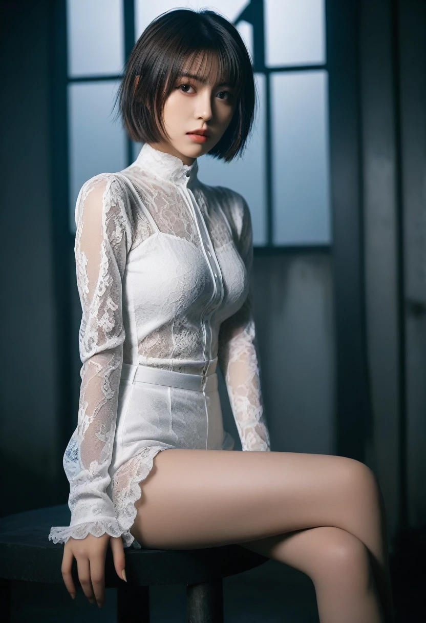 8K, Ultra-high resolution, Highest quality, masterpiece, Surreal, photograph, 1 Girl, (16 years old:1.3), pretty girl, Cute face, Beautiful eyes in every detail, 細かくdetailedに,masterpiece,, One Girl:1.2, Japan Female Announcer, Brutal Cyberpunk Woman,Bob Haircut,(See-through leotard:1.05),High leg cut,Lace blouse,(Lace Stockings), (White bondage and white gothic lolita)),Are standing,Beautiful leg line beauty,Captivating thighs, (In a post-apocalyptic scenario:1.2),Expression of despair,Dark and atmospheric lighting, This pose expresses a somber ecstasy..,Bold Pose,Looking at the audience、beauty,Long neck、Laugh a little、Please close your mouth and laugh、(((Ideal body type))),A-cup small breasts :2,、Portraiture:2、Perfect Anatomy、鮮明なdetailed、detailed、Surreal、Light and shadow,Strong light