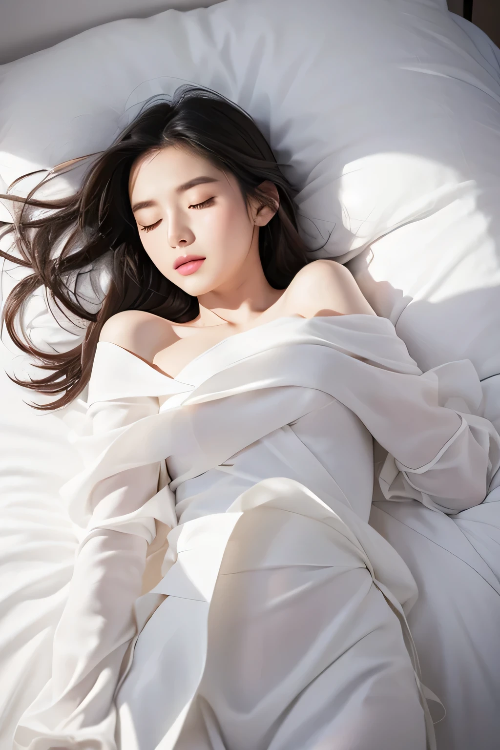 Araffe woman laying in bed with white sheets and white sheets - SeaArt AI