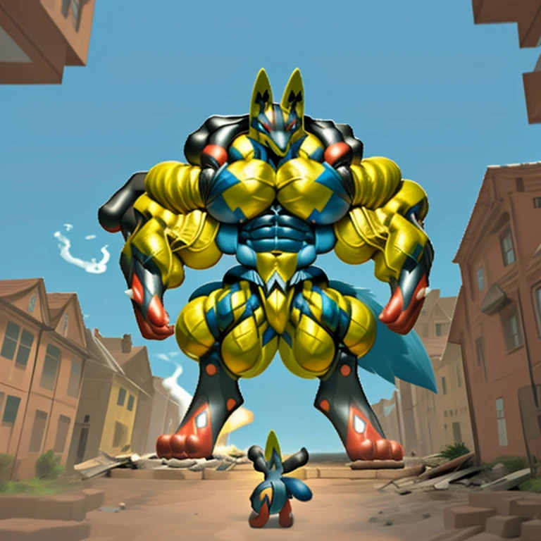 (masterpiece. official art. 8k. best quality. detailed full body. full body.)

(situation 1 : dominating shiny_mega_lucario. focus GIANT mechanical Muscular shiny_mega_lucario is trampling the CITY. macro. stomp. Low-angle perspective. emphasizing the immense size. The perspective is from below, emphasizing the sheer majesty and power of the Giant. giant art. He is much bigger than a skyscraper. Giga Giants. micro soccer field. looking down.)

(situation 2 :smoke and flames rising from the destruction in the city)

(Additional details 2: (Detailed head. Detailed Body. Detailed abs. gigantic muscles. HYPER MUSCLES. Gigachad Muscular. big muscle. pecs. triceps. traps. unusually developed muscular body. body full of huge muscles. showing off muscles. pectorales enormes. Exaggeratedly huge muscles. huge muscles. long legs.).
