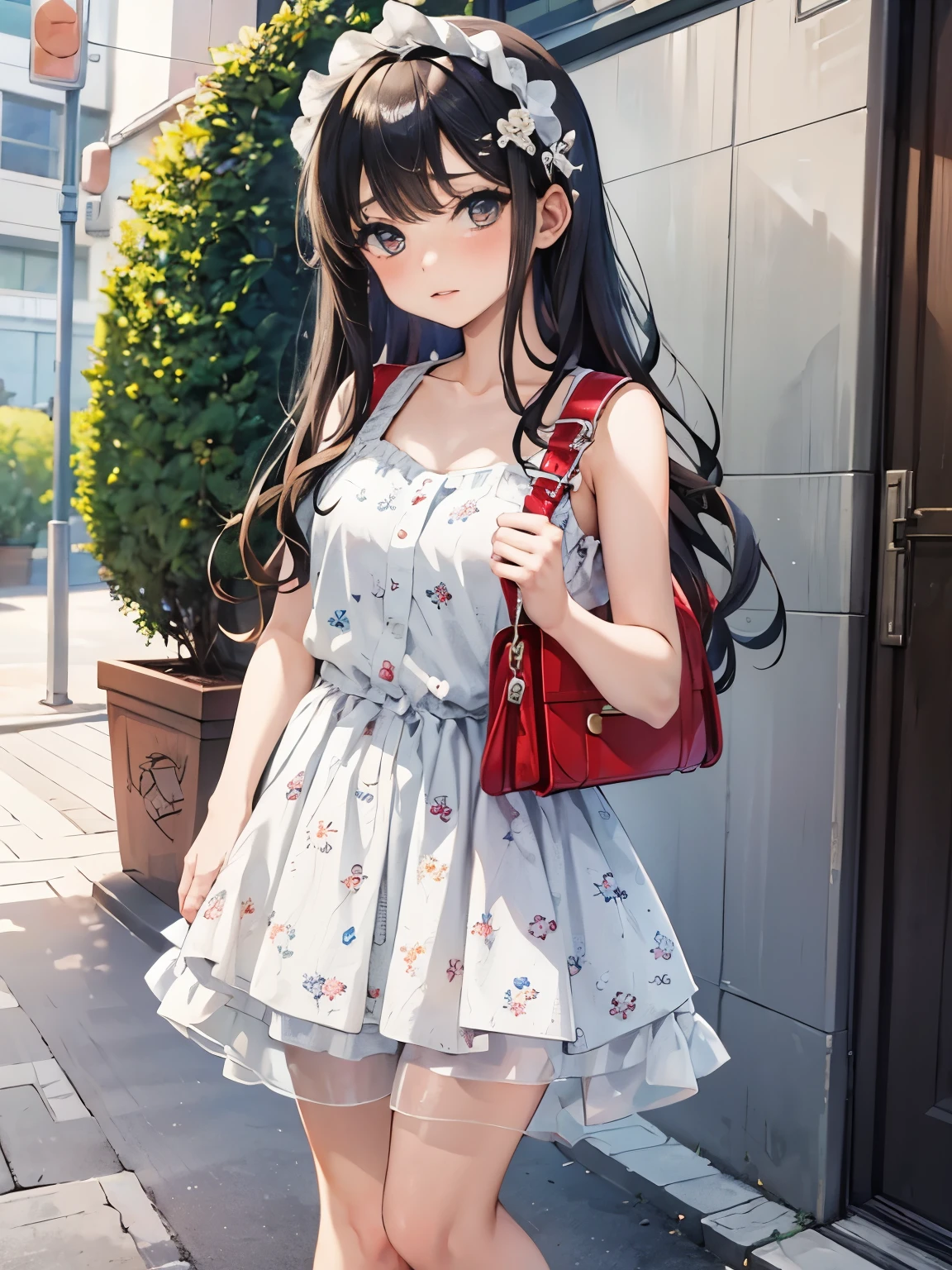 Masterpiece, hd, high school girl,,innocent face,teenage girl,cute,summer clothes, flower dress,everyday wear, standing, outdoor,flower garden,black hair,ribbon, holding red purses,hand bag , (purses:1.2)