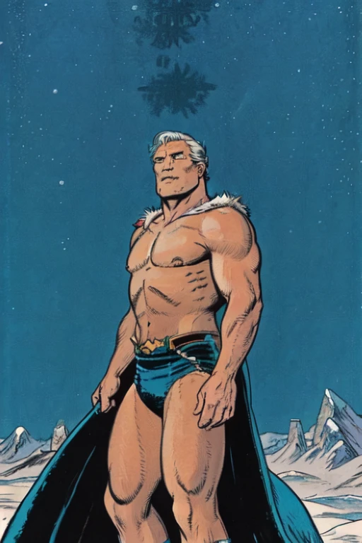 1970s, cold, cloudy sky, 70-year-old naked Superman, in granny brief, very broad shoulders, very protruding chest, very thick neck, arms and thighs that have gained fat, no abs, Superman mark spread out to the sides, bulging crotch, captured and standing on a cliff