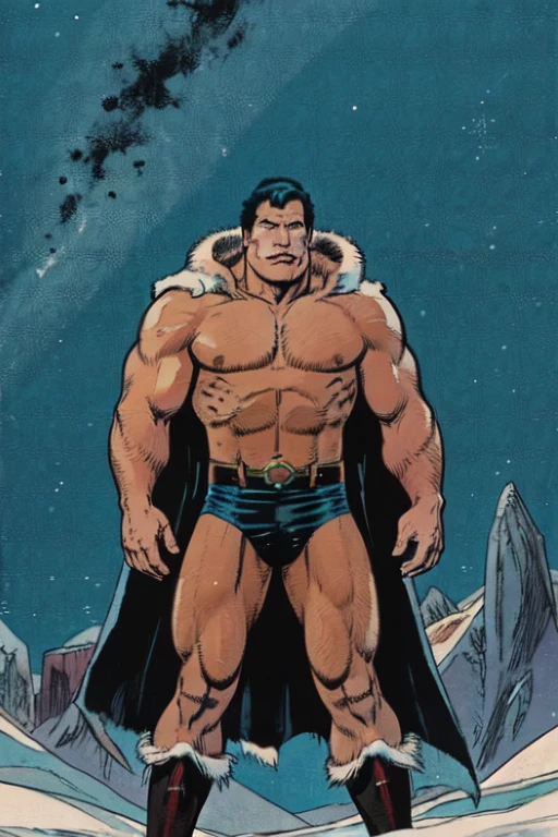 Masterpiece, best quality, hi res, 8k, hi res, 8k, award winning , (sharp focus, intricate, highly detailed) <lora:kirbywood:1.0> kirbywood, drawing of a big muscular man with no shirt on,, vintage color comics