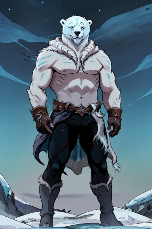 ((A humanoid white polar bear with abnormal musculature, very robust, blue eyes is standing looking up looking at the sky and uses some animal hides as clothing)), frozen ground and desert scenery, no trees there are no plants on this planet. Low left photography angle