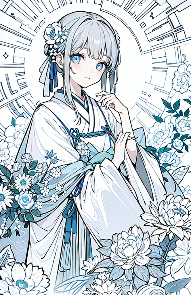 ((Highest quality)), ((masterpiece)), (Get used to it), Perfect Face , beautiful girl ,Gray Hair、White light blue eyes、1 white/light blue flower hair ornament、Japanese clothing