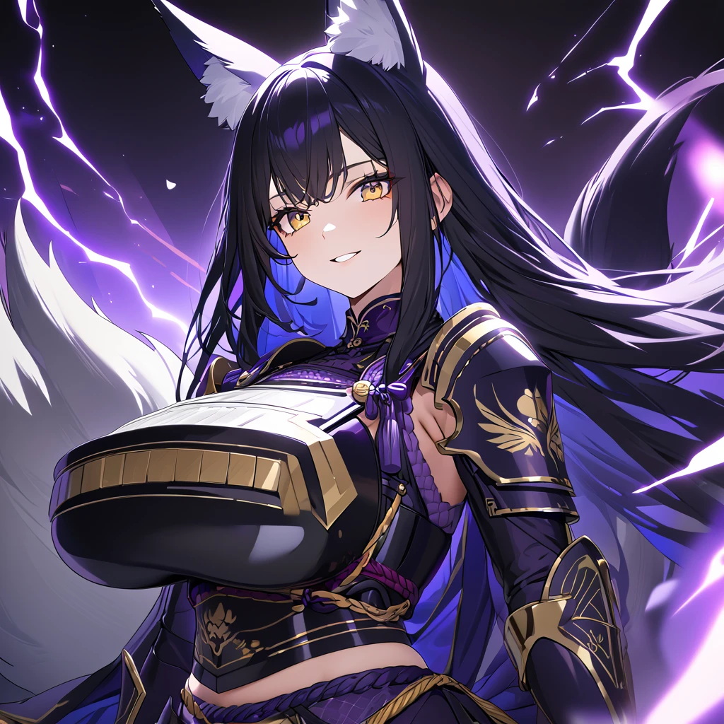 A woman wearing dark purple heavy samurai armor with gold details, samurai plate breastplate, samurai bracelet, medieval boots, holding a purple katana with purple lightning, dark purple hair, long hair, kitsune ears, kitsune tail, multi color, large breasts , yellow eyes, smiling, a great samurai ,UHD , prime work , accurate , anatomically correct , textured skin , super details , high quality , best quality, 8k, high resolution, bokeh effect. (woman alone)
