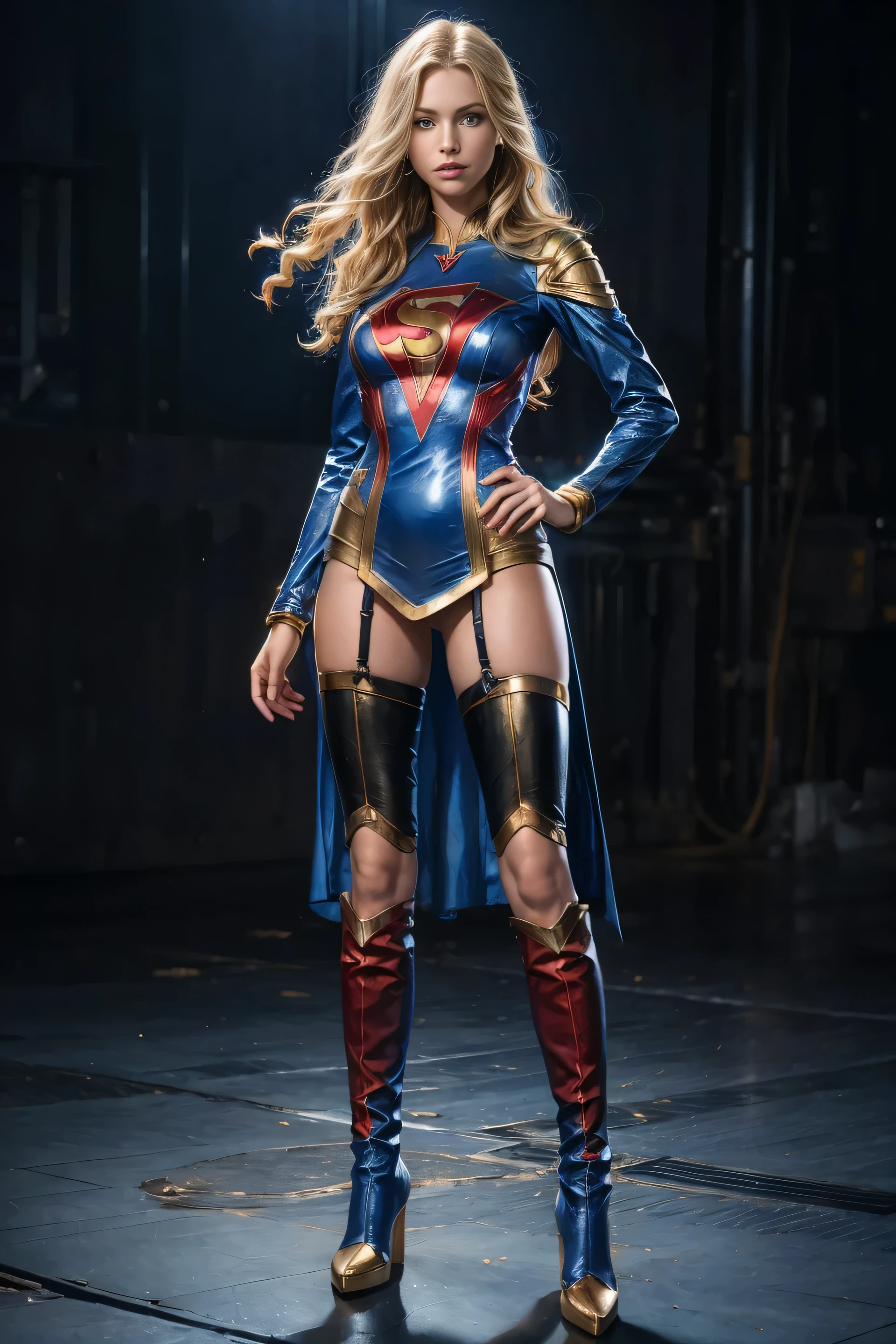 full body superheroine ************ young Super Girl blonde long wavy hair blue eyes red mouth blue and gold leather dress blue boots dress hero pose vibrant color octane render photorealistic