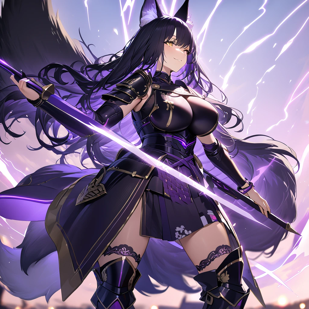 A woman wearing dark purple heavy samurai armor with gold details, samurai plate breastplate, samurai bracelet, medieval boots, holding a purple katana with purple lightning, dark purple hair, long hair, kitsune ears, kitsune tail, multi color, large breasts , yellow eyes, smiling, a great samurai ,UHD , prime work , accurate , anatomically correct , textured skin , super details , high quality , best quality, 8k, high resolution, bokeh effect. (woman alone)
