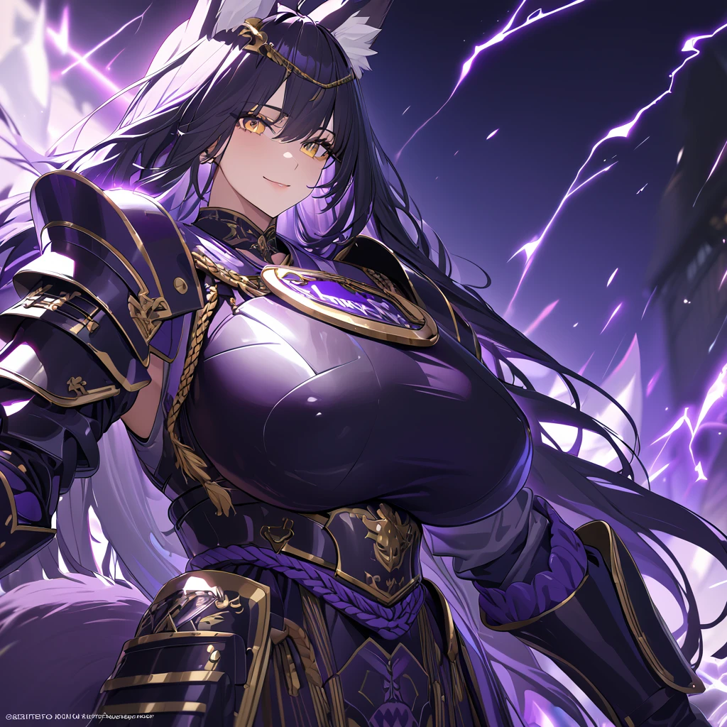 A woman wearing dark purple heavy samurai armor with gold details, samurai plate breastplate, samurai bracelet, medieval boots, holding a purple katana with purple lightning, dark purple hair, long hair, kitsune ears, kitsune tail, multi color, large breasts , yellow eyes, smiling, a great samurai ,UHD , prime work , accurate , anatomically correct , textured skin , super details , high quality , best quality, 8k, high resolution, bokeh effect. (woman alone)
