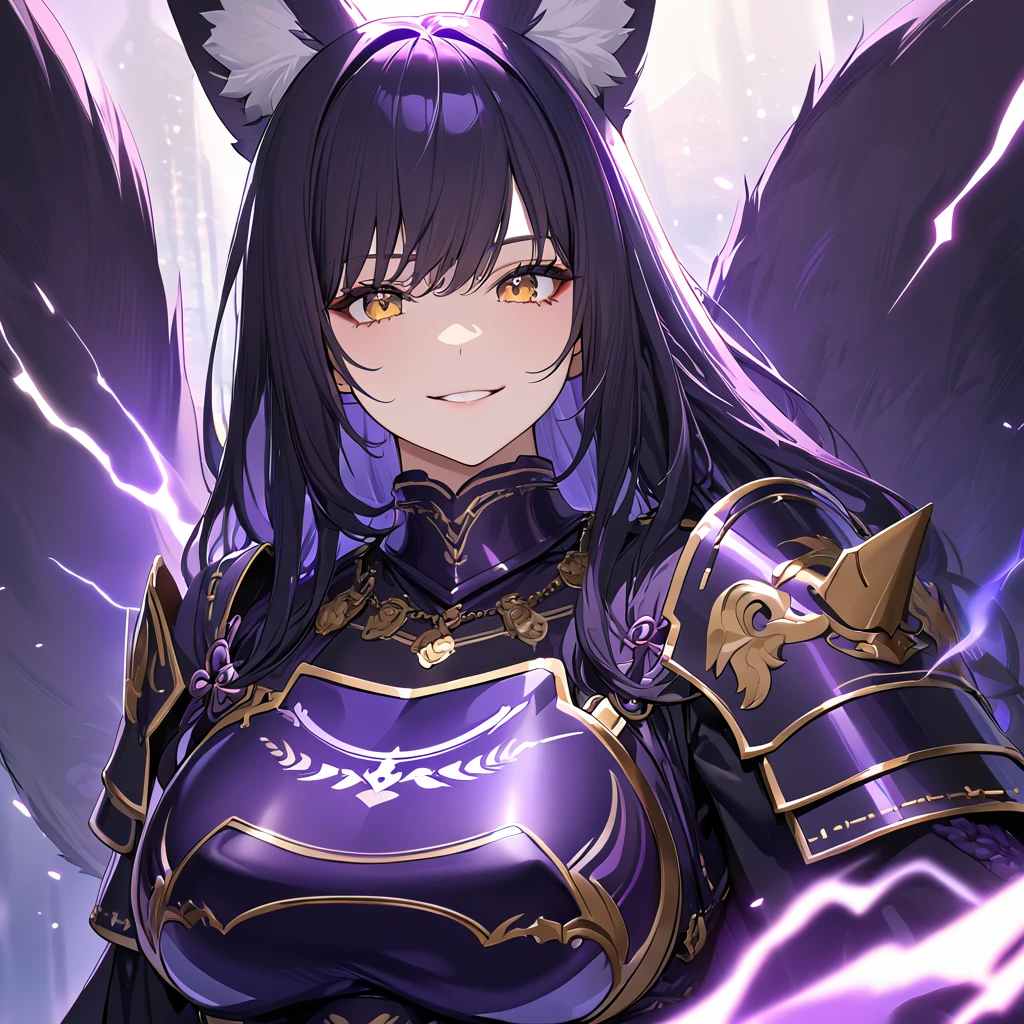 A woman wearing dark purple heavy samurai armor with gold details, samurai plate breastplate, samurai bracelet, medieval boots, holding a purple katana with purple lightning, dark purple hair, long hair, kitsune ears, kitsune tail, multi color, large breasts , yellow eyes, smiling, a great samurai ,UHD , prime work , accurate , anatomically correct , textured skin , super details , high quality , best quality, 8k, high resolution, bokeh effect. (woman alone)
