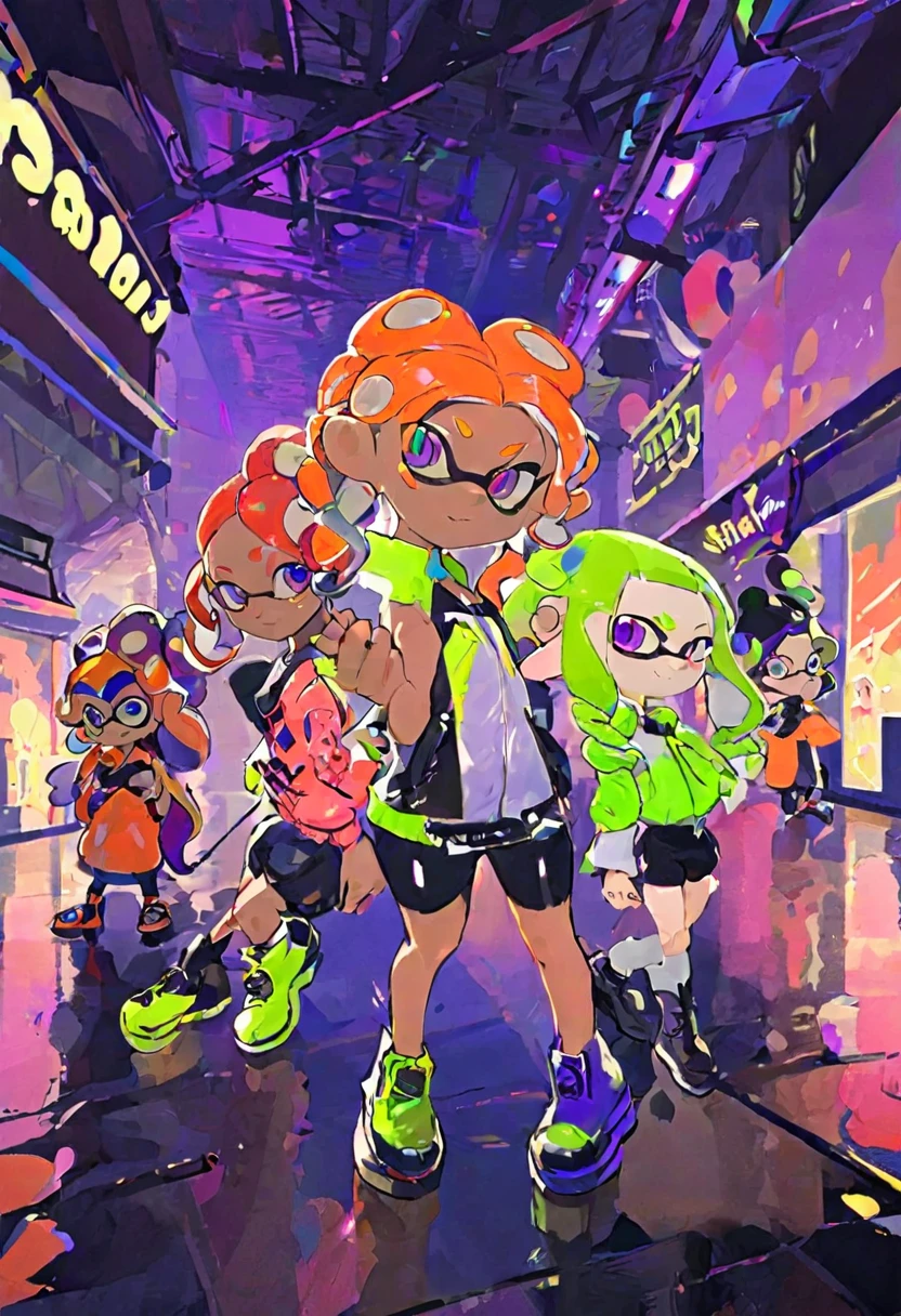 Splatoon idol group, two octolings and one inkling, mixed race, neon outfits