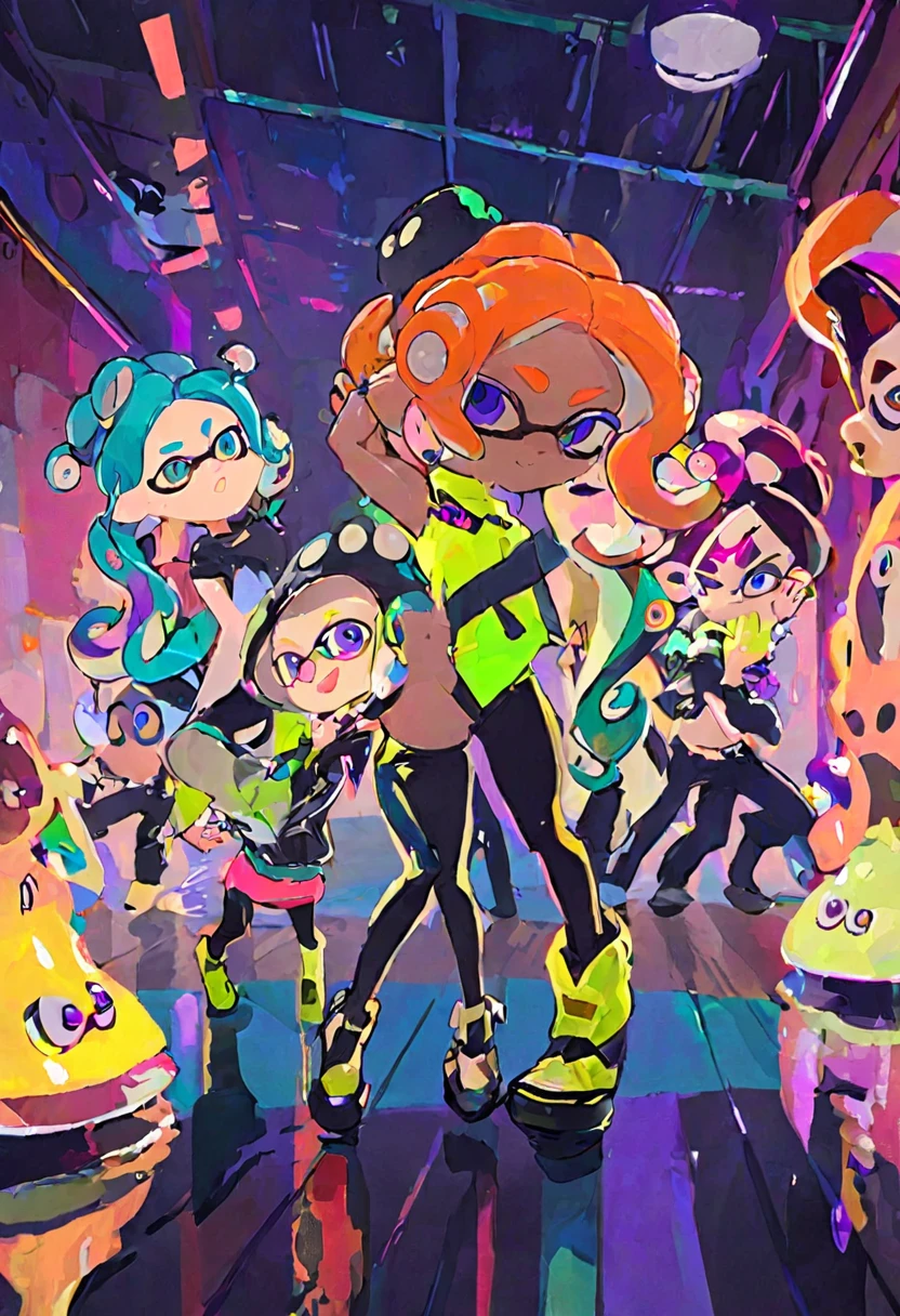 Splatoon idol group, two octolings and one inkling, mixed race, neon outfits