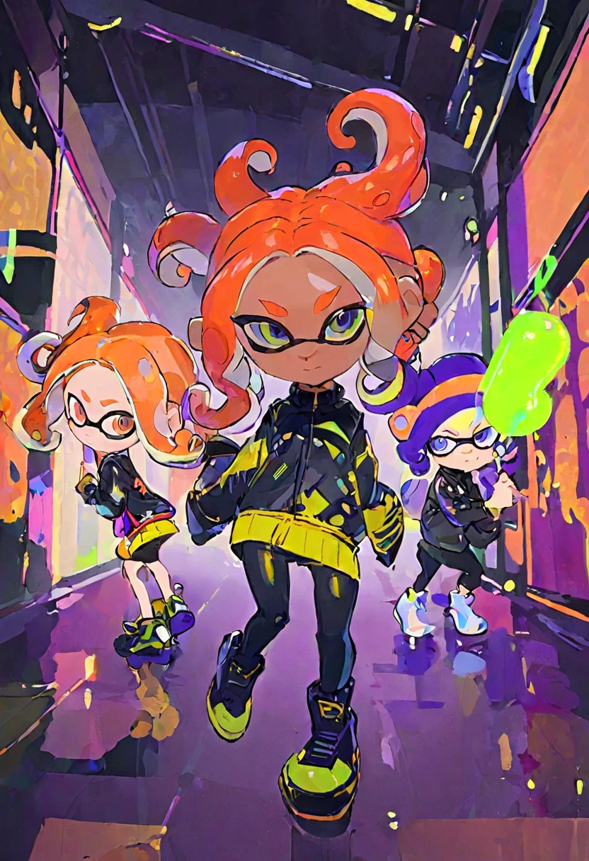 Splatoon idol group, two octolings and one inkling, mixed race, neon outfits