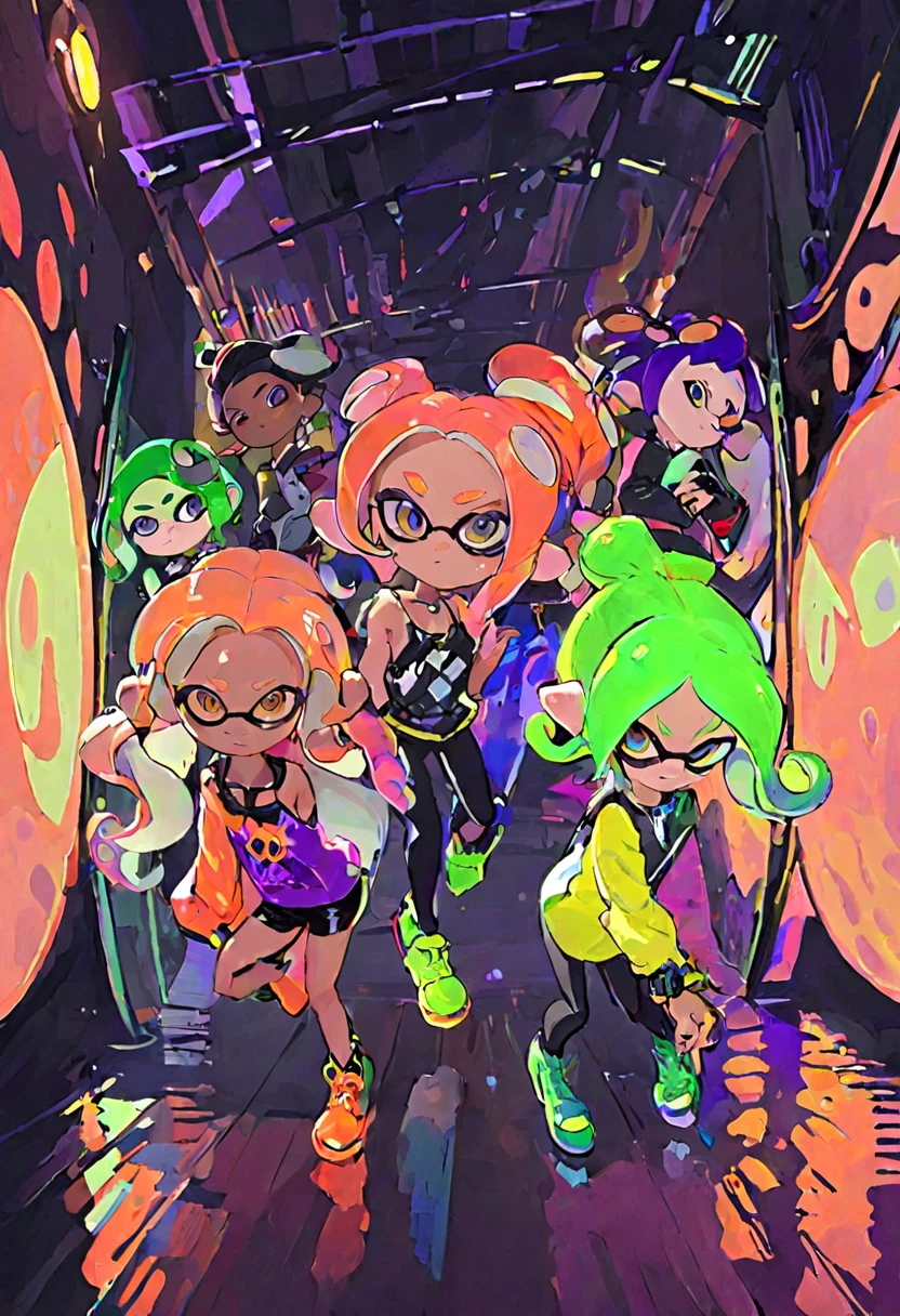 Splatoon idol group, two octolings and one inkling, mixed race, neon outfits