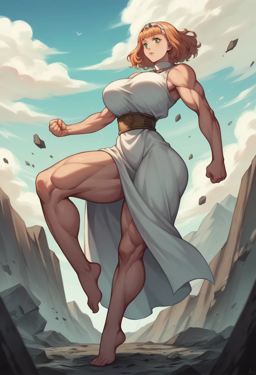 vermilion mimosa, Women, defined body, big breasts, small waist, defined abdomen, huge butt, muscular legs, wide legs, very muscular legs, long legs, barefoot, dressed in a Greek tunic, bare arms, showing some of her breasts, Kicking, on a mountain with rubble, alone,