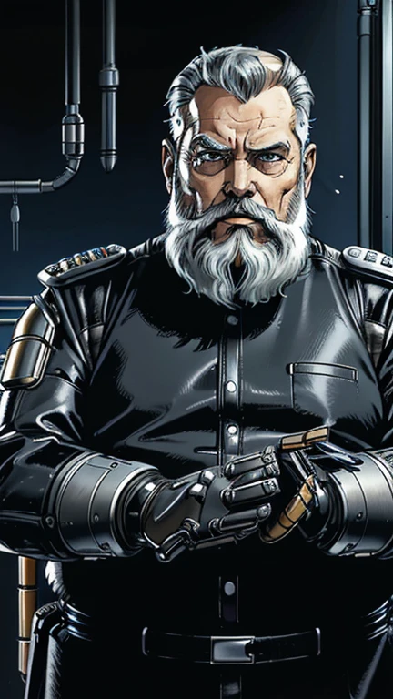 He is looking at his mechanical palm, He observes his own bionic hand, The space general aged 65 has long gray beard and long beard, wears a futuristic uniform, he is fat bearded, long sleeve uniform , wearing leather gloves on your hands, he has his arms crossed seriously, speaking to the viewer, He wears a white general&#39;s hat on his head. He wears a general&#39;s hat.