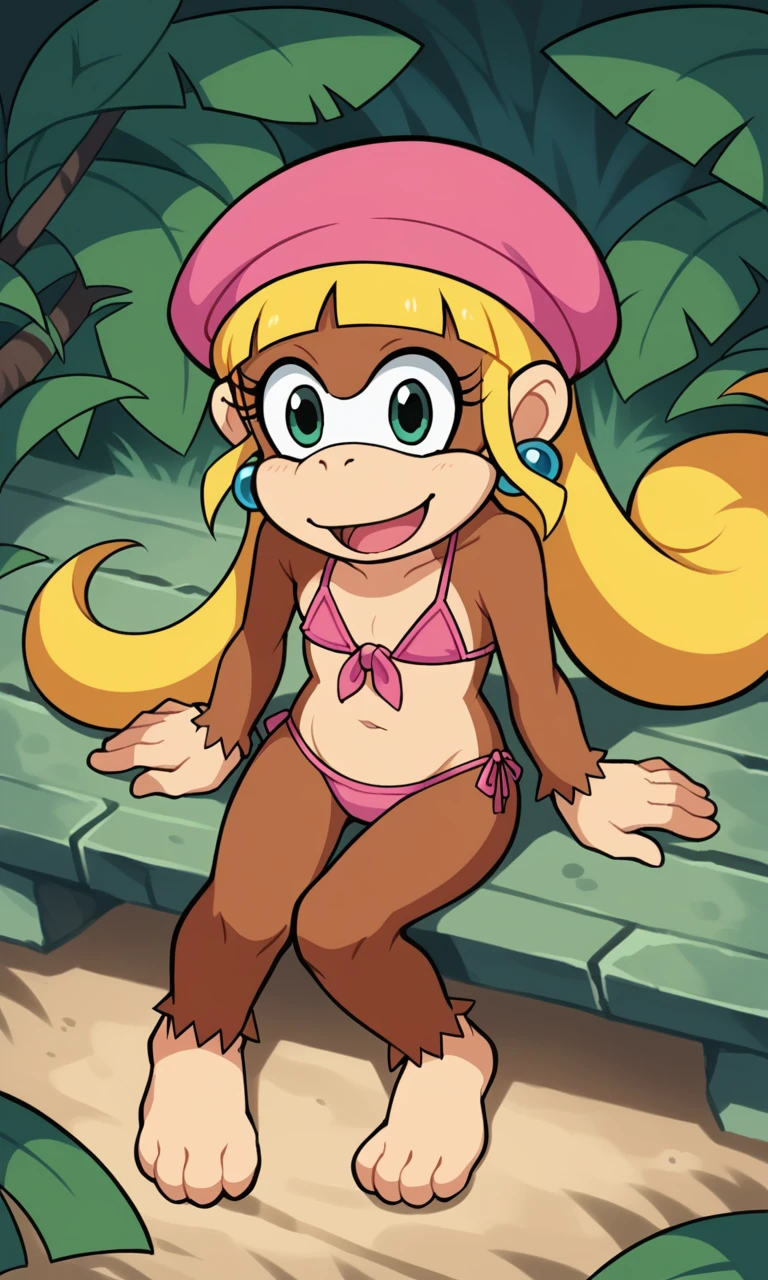 score_9,score_8_above,score_7_above BREAK solo female,_anime,furry,Dixie Kong,kong,3/4 viewers,SMILE,Open mouth,undulation,2D,exterior,jungle, flat chest, sitting, little bikini