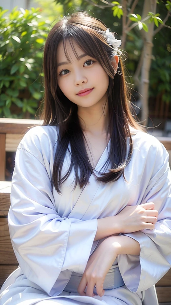 masutepiece, Best Quality, 8K, , Teen, Raw ph award winning portrait, bathrobe,Smile, Smile, Solo, Night, neons, Idol face, violaceaess, gardeniass, Delicate girl, Upper body, Digital SLR, Looking at Viewer, Candid, Sophisticated, zora々Right, Thin arms, Professional Lighting, Film grain, chromatic abberation, (Eyes and faces with detailed:1.0), (Bokeh:1.1)